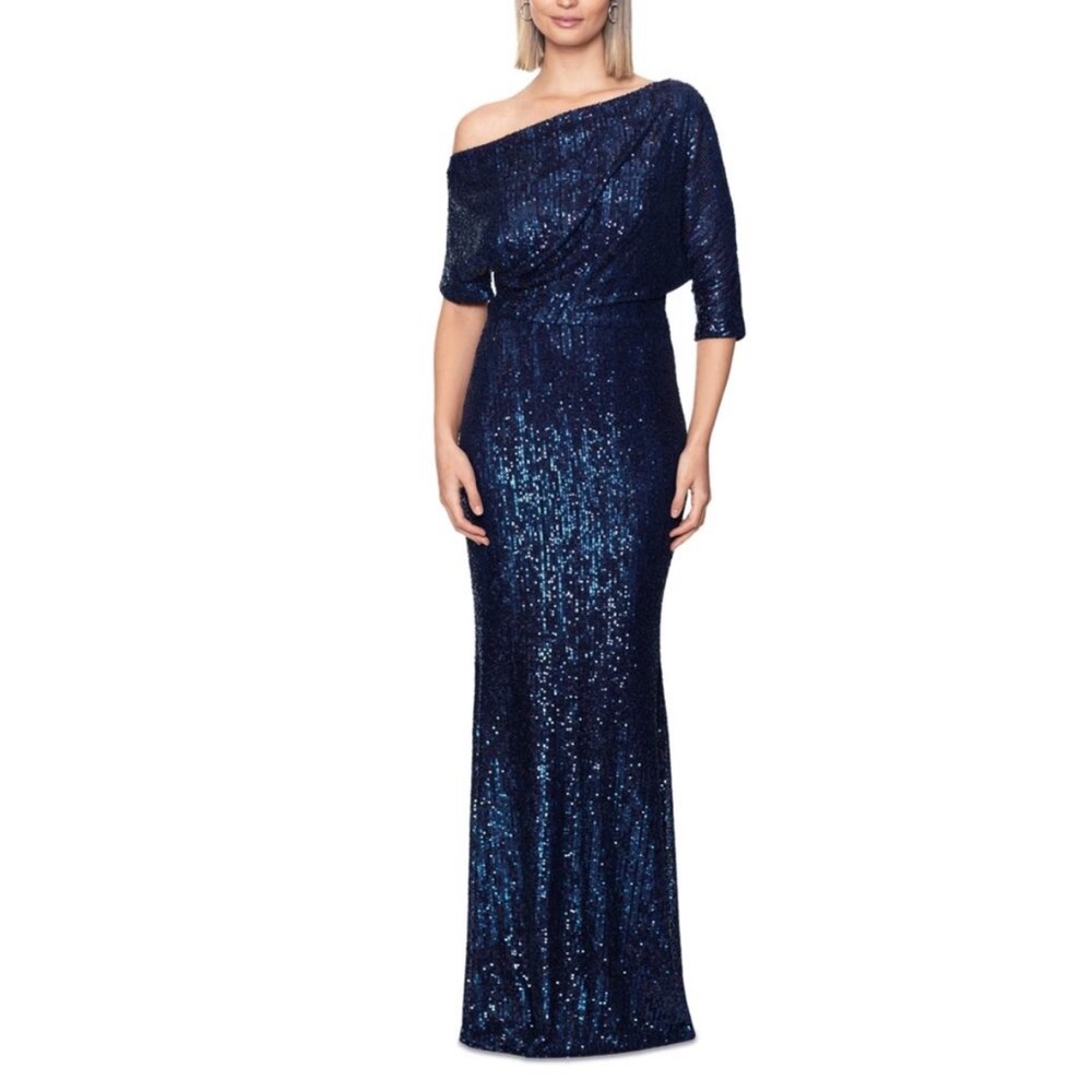 Betsy & Adam Women's Formal Dress Size 8 Blue Sequined Off the Shoulder Gown